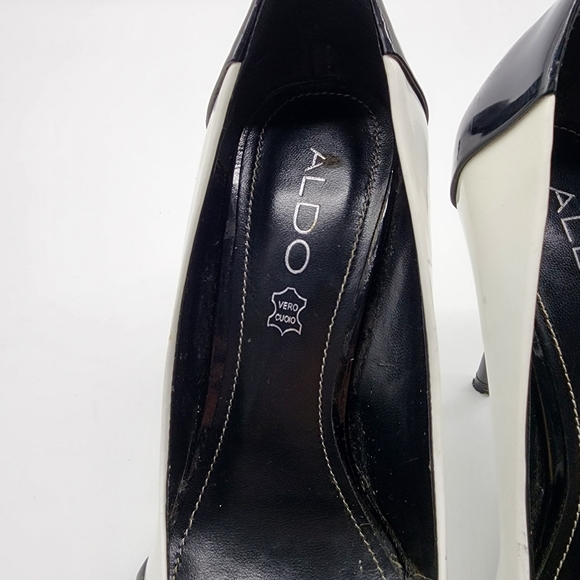 Aus6/ 37 Aldo Black and White Patent Leather Open Toe Heels Shoes - Picture 2 of 16